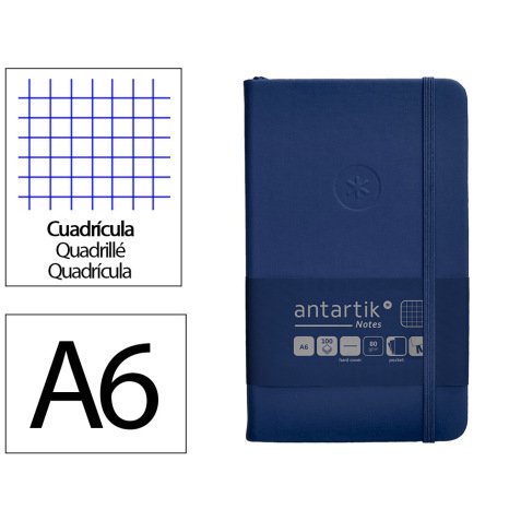 Cuaderno con gomilla antartik notes tapa dura a6 hojas cuadricula azul marino 100 hojas 80 gr fsc