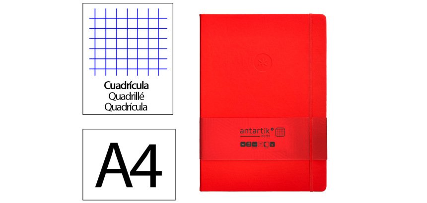 Cuaderno con gomilla Antartik notes tapa dura A4 hojas cuadricula rojo 100 hojas 80 g