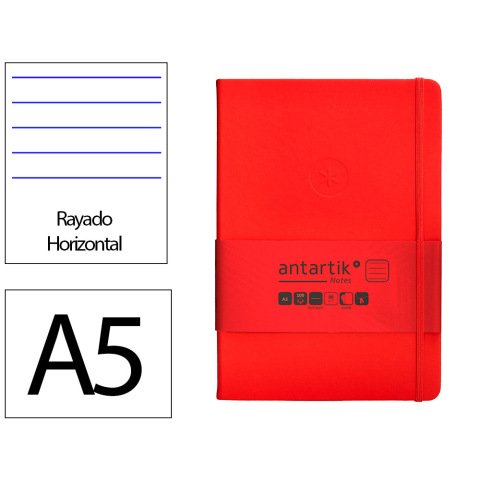 Cuaderno con gomilla Antartik notes tapa dura A5 hojas rayas rojo 100 hojas 80 g