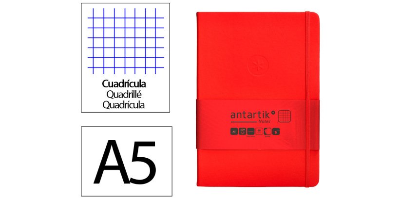 Cuaderno con gomilla Antartik notes tapa dura A5 hojas cuadricula rojo 100 hojas 80 g