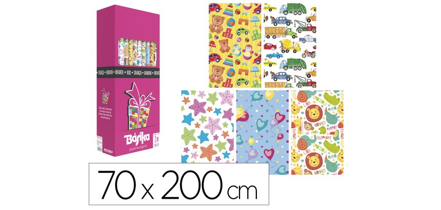 Papel de regalo basika infantil rollo ancho 70 cm longitud 2 m diseños surtidos gramaje 60 g