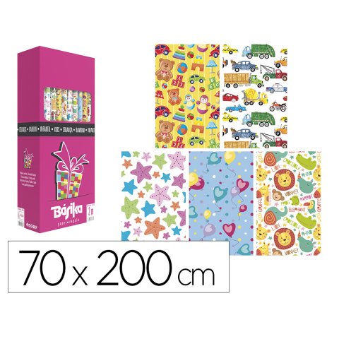 Papel de regalo basika infantil rollo ancho 70 cm longitud 2 m diseños surtidos gramaje 60 g