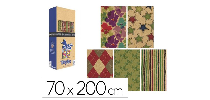 Papel de regalo basika kraft todo año rollo ancho 70 cm longitud 2 m diseños surtidos gramaje 50 g