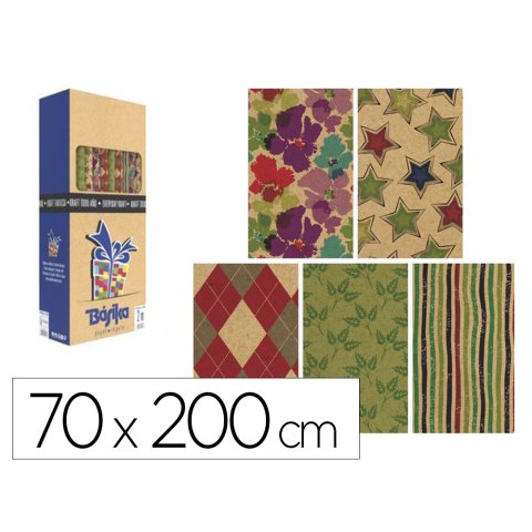Papel de regalo basika kraft todo año rollo ancho 70 cm longitud 2 m diseños surtidos gramaje 50 g