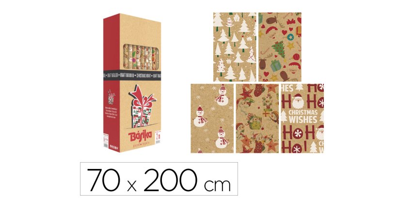 Papel de regalo basika kraft navidad rollo ancho 70 cm longitud 2 m diseños surtidos gramaje 50 g