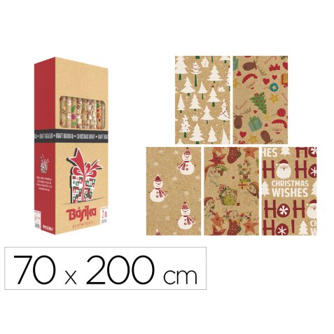 Papel de regalo basika kraft navidad rollo ancho 70 cm longitud 2 m diseños surtidos gramaje 50 gr