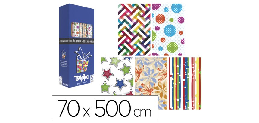 Papel de regalo basika todo año rollo ancho 70 cm longitud 5 m modelos surtidos gramaje 50 g