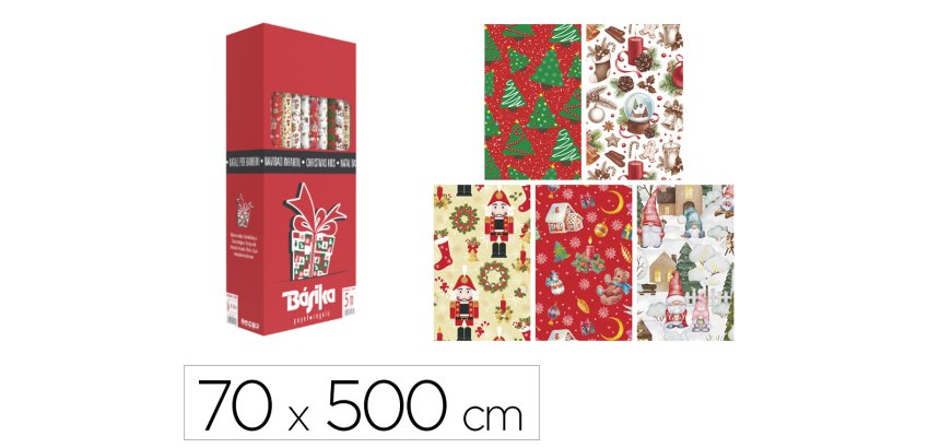Papel de regalo basika navidad rollo ancho 70 cm longitud 5 m diseños surtidos gramaje 50 g