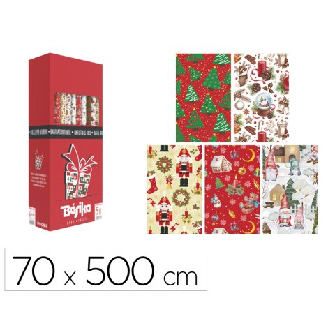Papel de regalo basika navidad rollo ancho 70 cm longitud 5 m diseños surtidos gramaje 50 g