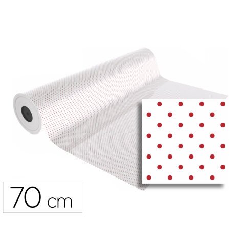 Papel de regalo basika polipropileno transparente/ puntos rojos bobina ancho 70 cm longitud 50 mt