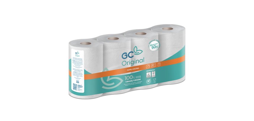 Papel de cocina goma camps 2 capas 90 servicios 224 mm x 21,6 m 21,5 g/m2 paquete de 4 rollos