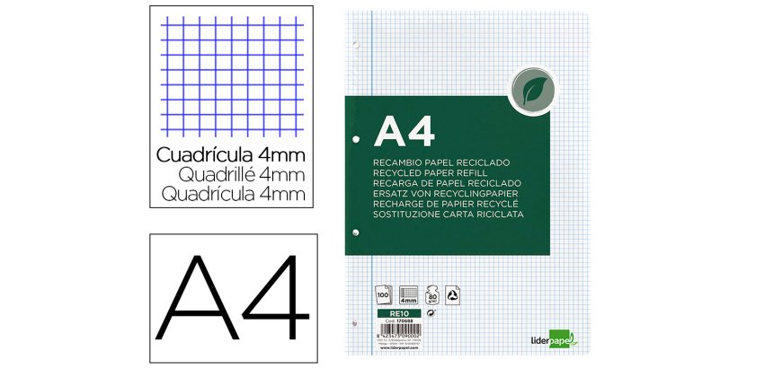 Recambio liderpapel a4 100 hojas papel reciclado 100% 80gr cuadro 4mm con margen 4 taladros