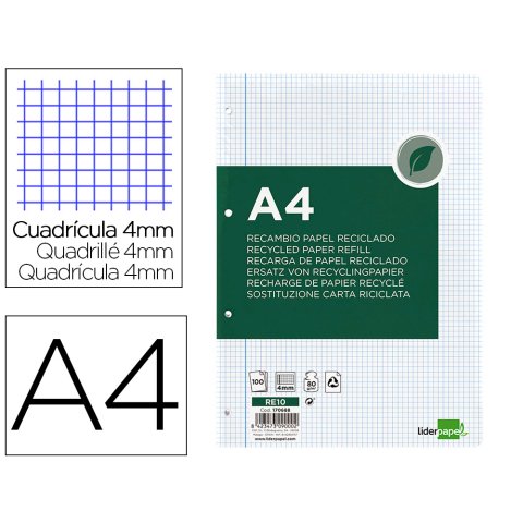 Recambio liderpapel a4 100 hojas papel reciclado 100% 80gr cuadro 4mm con margen 4 taladros