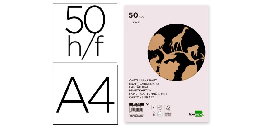 Cartulina kraft liderpapel a4 180g/m2 paquete de 50 hojas