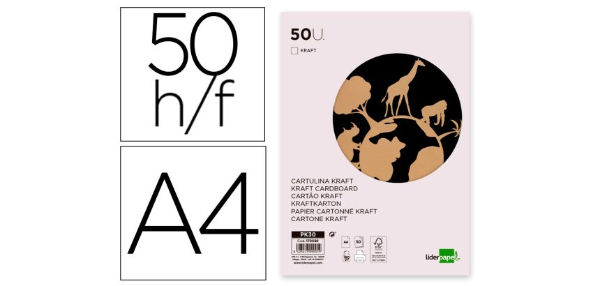 Cartulina kraft liderpapel a4 180g/m2 paquete de 50 hojas
