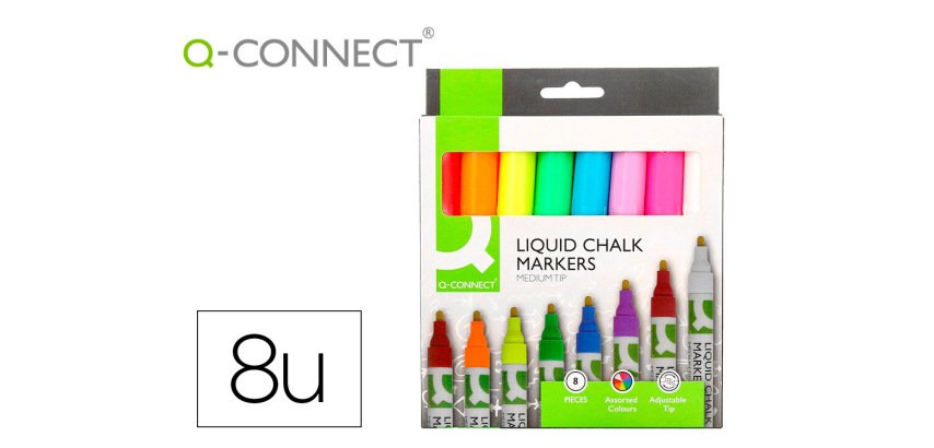 Rotulador q-connect tiza liquida punta redonda trazo 3 mm caja de 8 unidades colores surtidos