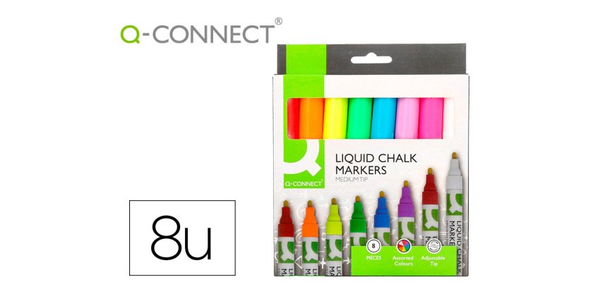 Rotulador q-connect tiza liquida punta redonda trazo 3 mm caja de 8 unidades colores surtidos