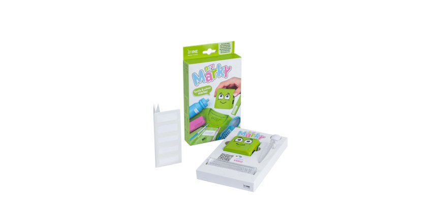 Sello marcador de ropa marky infantil verde incluye tinta kit de etiquetas y cinta termoadhesiva