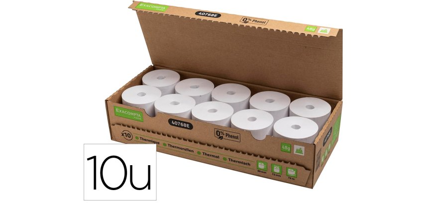 Papel térmico Exacompta sin PLÁSTICO SBPA FSC 80 x Ø 72 mm x 76m 48g 40768E 1 capa con impresión en reverso FSC