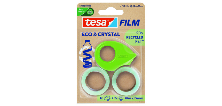 Cinta adhesiva tesa film eco&cristal transparente 10 m x 19 mm blister de 2 unidades + miniportarrollo
