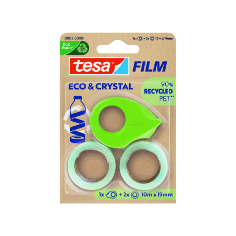 Cinta adhesiva tesa film eco&cristal transparente 10 m x 19 mm blister de 2 unidades + miniportarrollo