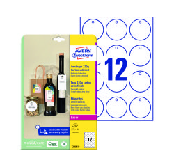Etiqueta colgante avery blanca 60 mm diametro imprimible doble cara carton 220 gr pack de 120 unidades