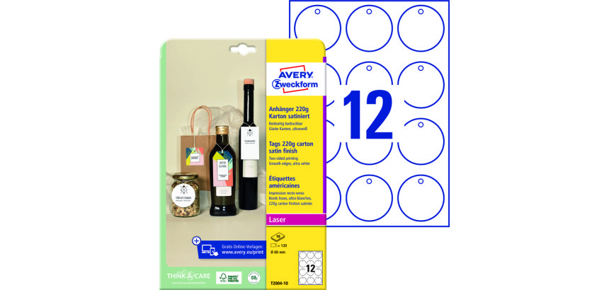 Etiqueta colgante avery blanca 60 mm diametro imprimible doble cara carton 220 g pack de 120 unidades