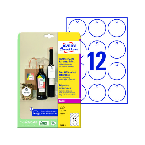 Etiqueta colgante avery blanca 60 mm diametro imprimible doble cara carton 220 g pack de 120 unidades
