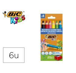 Lapices de colores bic multisuperficies triangulares mina borrable caja de 6 unidades colores surtidos +
