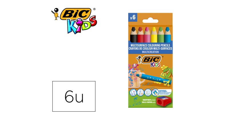 Lapices de colores bic multisuperficies triangulares mina borrable caja de 6 unidades colores surtidos +