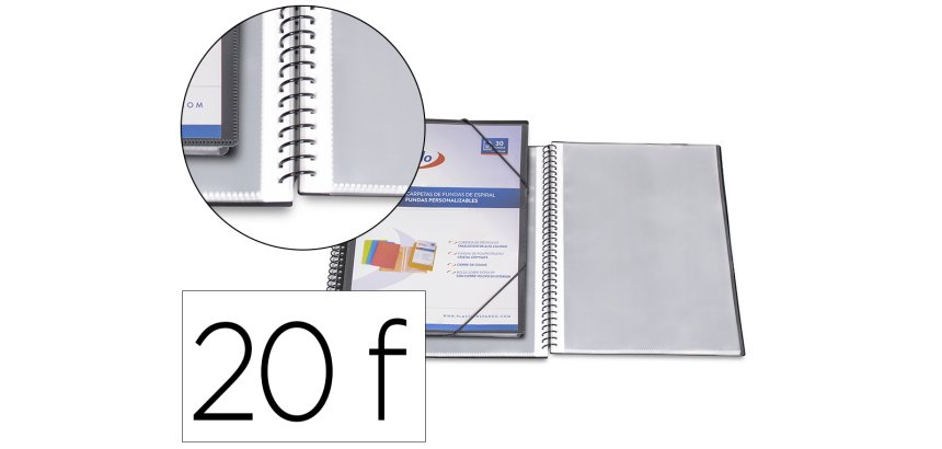 Carpeta pardo escaparate con espiral 20 fundas folio personalizable color negra