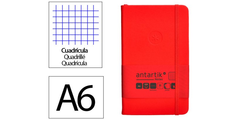 Cuaderno con gomilla Antartik notes tapa dura A6 hojas cuadricula rojo 100 hojas 80 g
