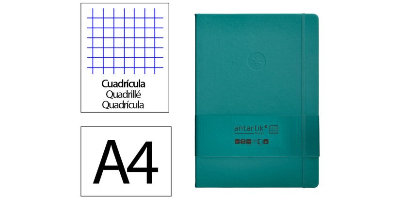 Cuaderno con gomilla antartik notes tapa dura a4 hojas cuadricula verde aguamarina 100 hojas 80 gr