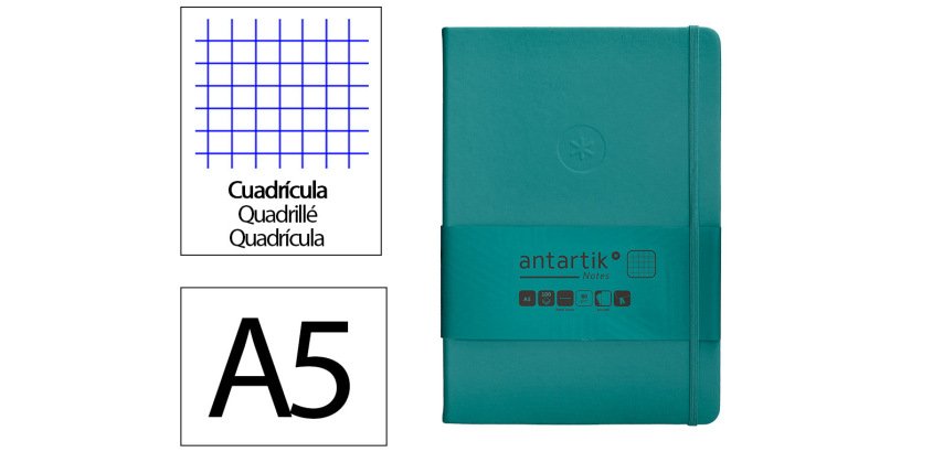 Cuaderno con gomilla antartik notes tapa dura a5 hojas cuadricula verde aguamarina 100 hojas 80 gr