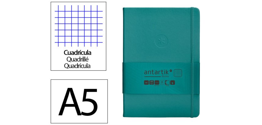 Cuaderno con gomilla antartik notes tapa dura a5 hojas cuadricula verde aguamarina 100 hojas 80 gr
