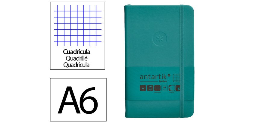 Cuaderno con gomilla antartik notes tapa dura a6 hojas cuadricula verde aguamarina 100 hojas 80 gr