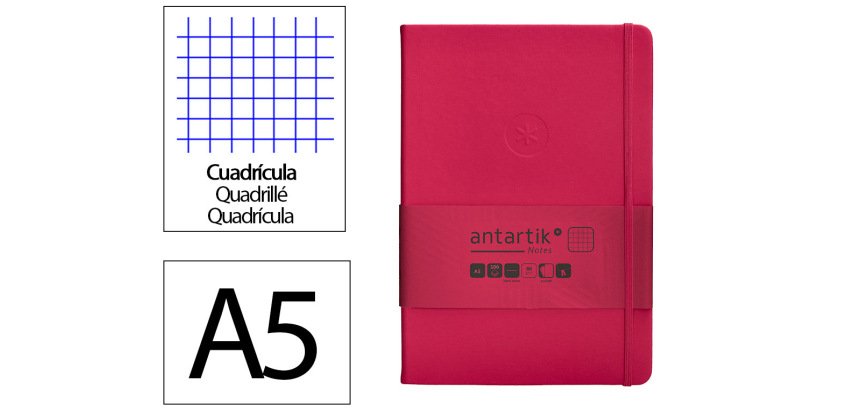 Cuaderno con gomilla Antartik notes tapa dura A5 hojas cuadricula burdeos 100 hojas 80 g