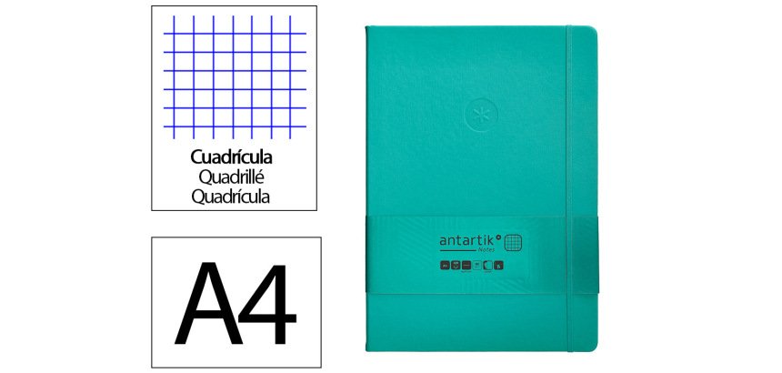 Cuaderno con gomilla Antartik notes tapa dura A4 hojas cuadricula turquesa 100 hojas 80 g