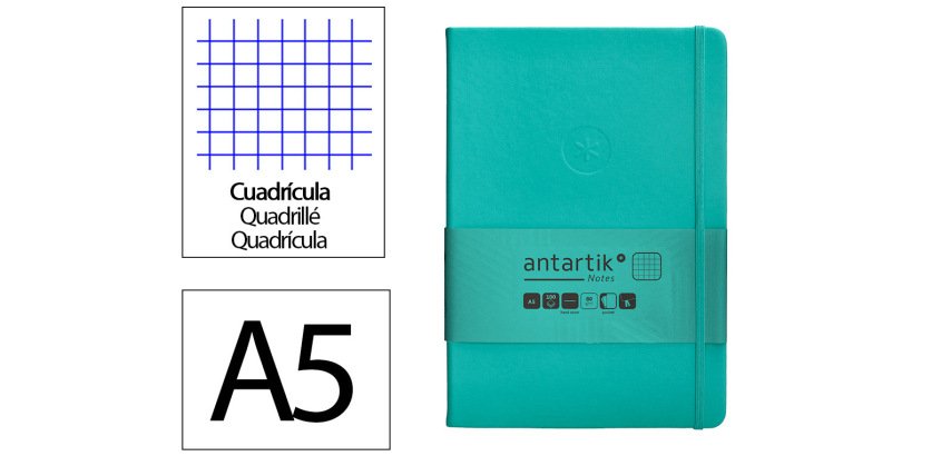 Cuaderno con gomilla Antartik notes tapa dura A5 hojas cuadricula turquesa 100 hojas 80 g