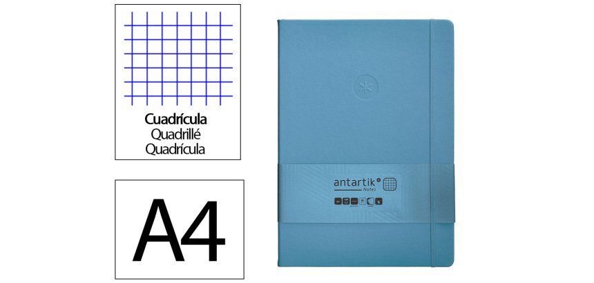Cuaderno con gomilla Antartik notes tapa dura A4 hojas cuadricula azul claro 100 hojas 80 h