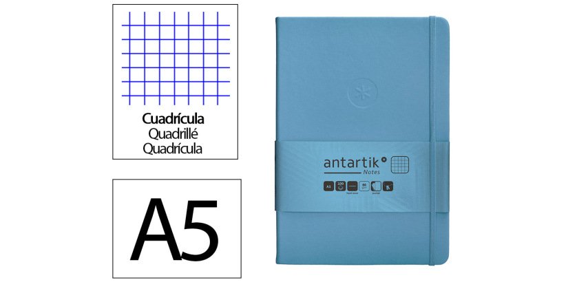 Cuaderno con gomilla Antartik notes tapa dura A5 hojas cuadricula azul claro 100 hojas 80 g
