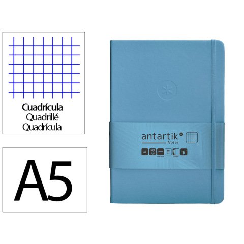 Cuaderno con gomilla Antartik notes tapa dura A5 hojas cuadricula azul claro 100 hojas 80 g