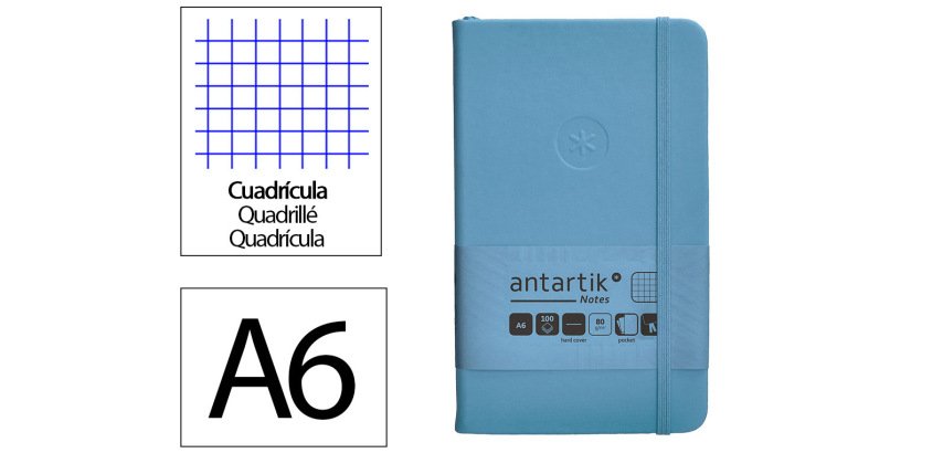 Cuaderno con gomilla Antartik notes tapa dura A6 hojas cuadricula azul claro 100 hojas 80 g