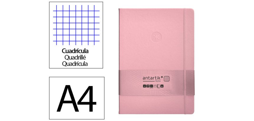 Cuaderno con gomilla Antartik notes tapa dura A4 hojas cuadricula rosa pastel 100 hojas 80 g.