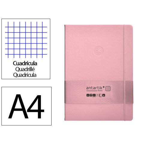 Cuaderno con gomilla Antartik notes tapa dura A4 hojas cuadricula rosa pastel 100 hojas 80 g.