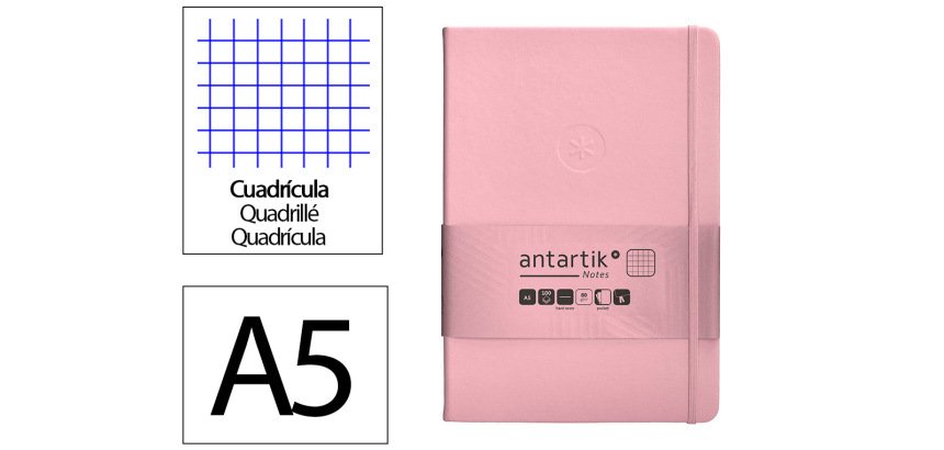 Cuaderno con gomilla Antartik notes tapa dura A5 hojas cuadricula rosa pastel 100 hojas 80 g