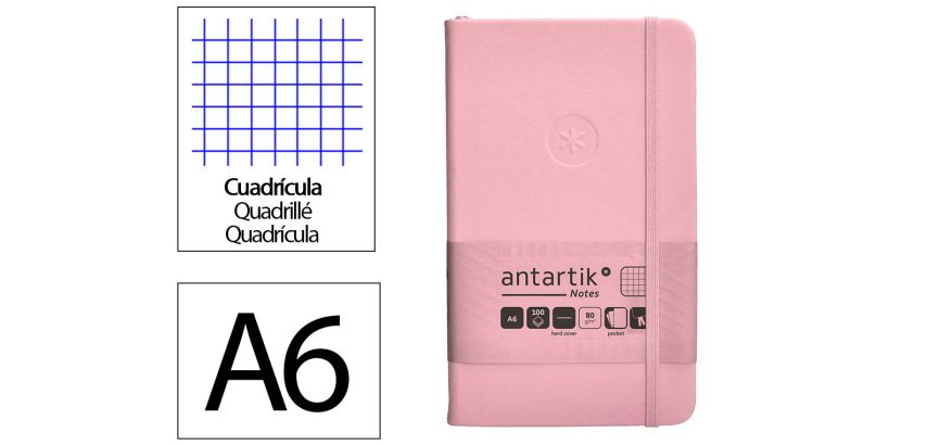 Cuaderno con gomilla Antartik notes tapa dura A6 hojas cuadricula rosa pastel 100 hojas 80 g