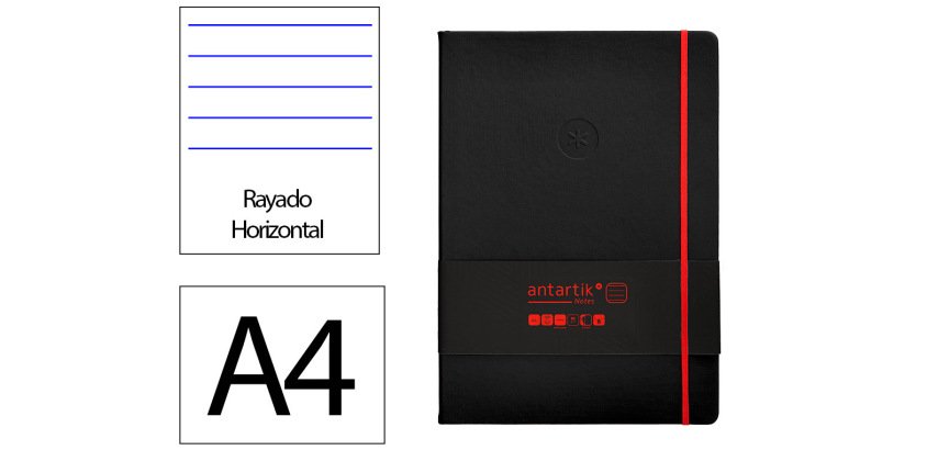 Cuaderno con gomilla Antartik notes tapa dura A4 hojas rayas negro y rojo 100 hojas 80 g