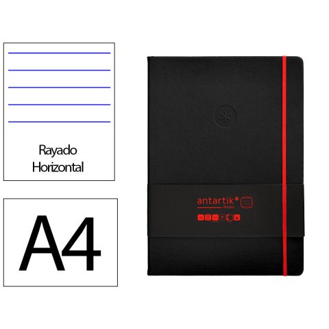 Cuaderno con gomilla Antartik notes tapa dura A4 hojas rayas negro y rojo 100 hojas 80 g