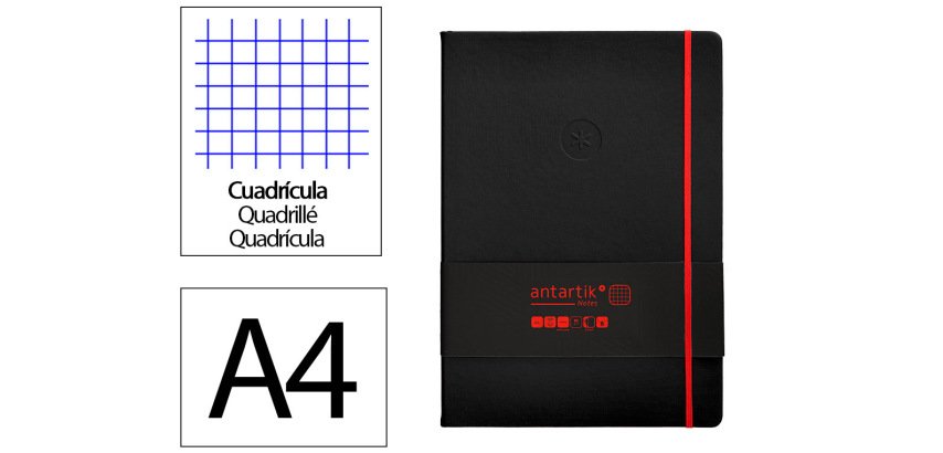 Cuaderno con gomilla Antartik notes tapa dura A4 hojas cuadricula negro y rojo 100 hojas 80 g